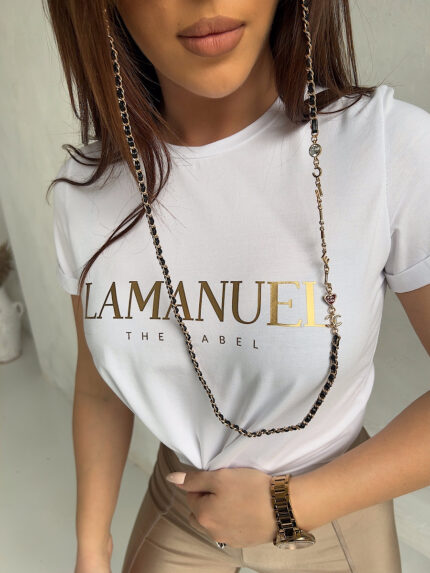 biały t-shirt ze złotym napisem