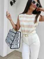 Bluzka z dzianiny w beżowo śmietankowe paski By Me