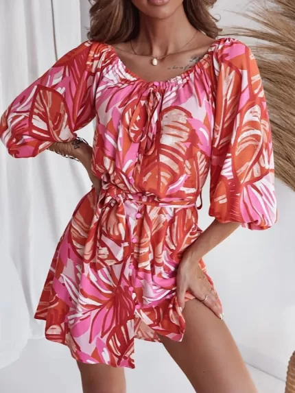 Mini sukienka w pomarańczowo, różowe liście Xana.