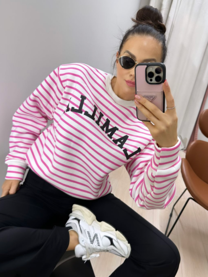 Bluzka w różowe paski z ocieplanym misiem od wewnątrz LaMilla