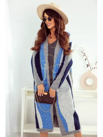 Długi rozpinany sweter w kolorze szaro niebieskim