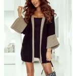 Czarny rozpinany sweter, kardigan z beżowymi dodatkami
