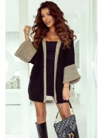 Czarny rozpinany sweter, kardigan z beżowymi dodatkami