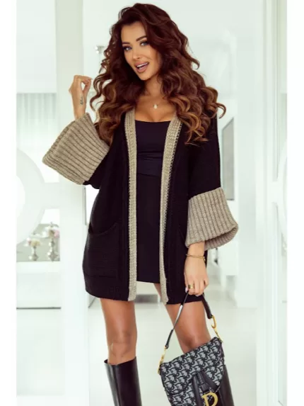 Czarny rozpinany sweter, kardigan z beżowymi dodatkami