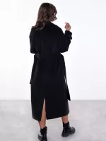 Wełniany długi, czarny płaszcz w jodełkę