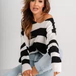 Miękki sweterek z dekoldem V w czarno białe paski