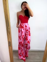 Spodnie z wysokim stanem różowe w czerwone kwiaty Lamilla