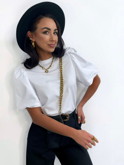 Biała bawełniana bluzka z bufiastym rękawem LaMilla