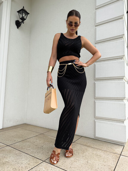 Czarny ażurowy komplet top i spódnica By Me