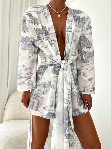 Lniany komplet spodenki i długie kimono Lamilla