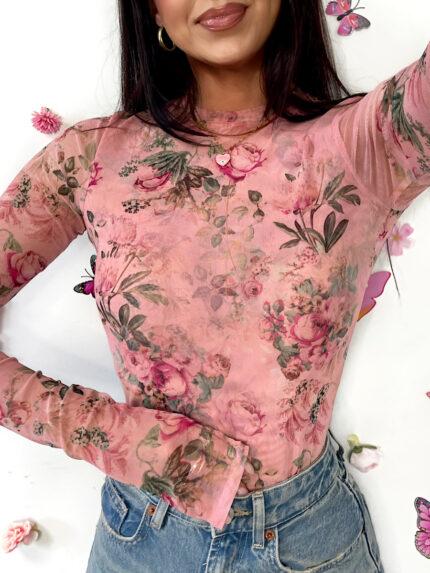 Różowa siateczka bluzka w kwiaty Lamilla