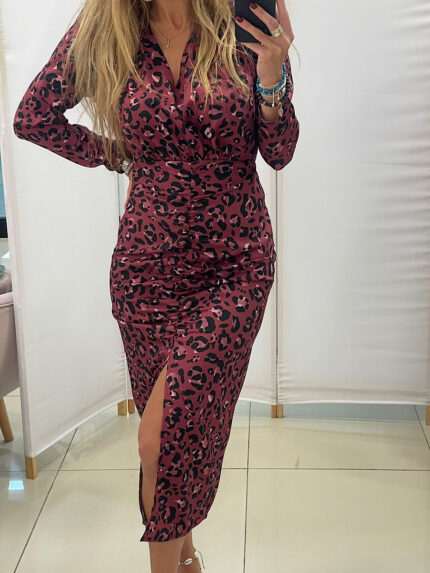Midi sukienka Megi B bordowa w panterkę