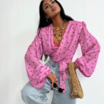 Wiązana bluzka LaMilla różowa w wisienki