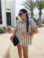 Letni lniany komplet LaMilla w paski koszula i spodenki