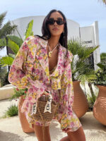 Komplet LaMilla Dior w żółte cytrynki z różowymi kwiatami