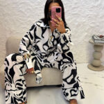 Lniane spodnie i koszula LaMilla czarno biały wzór