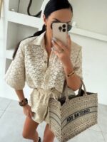 Beżowy ażurowy komplet LaMilla koszula i spodenki