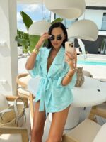 Lniany komplet LaMilla kimono i spodenki w geometryczne wzory