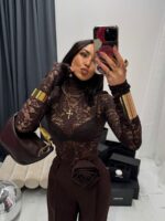 Brązowy koronkowy golf bluzka LaMilla