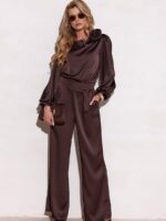 Brązowa bluzka i satynowe spodnie Roco Fashion