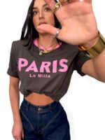 T-shirt LaMilla Paris brązowy z różowym napisem