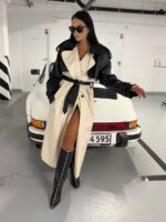 Jasny płaszcz trencz LaMilla z czarną eko skórą