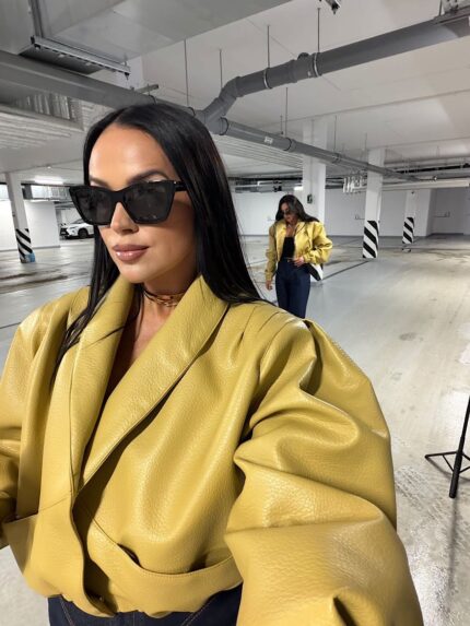 Musztardowa kurtka ramoneska Tessa LaMilla z eko skóry