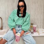 koszula LaMilla w zielono białe paski z przedłużanym kołnierzem