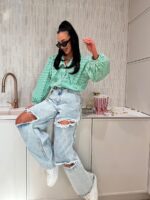 koszula LaMilla w zielono białe paski z przedłużanym kołnierzem