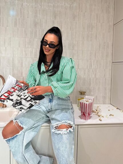 koszula LaMilla w zielono białe paski z przedłużanym kołnierzem