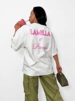 Biały t-shirt LaMilla z różowym logo na plecach