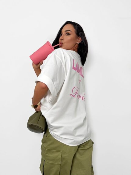 Biały t-shirt LaMilla z różowym logo na plecach