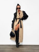 Beżowy długi płaszcz trencz LaMilla z dodatkiem czarnej skóry