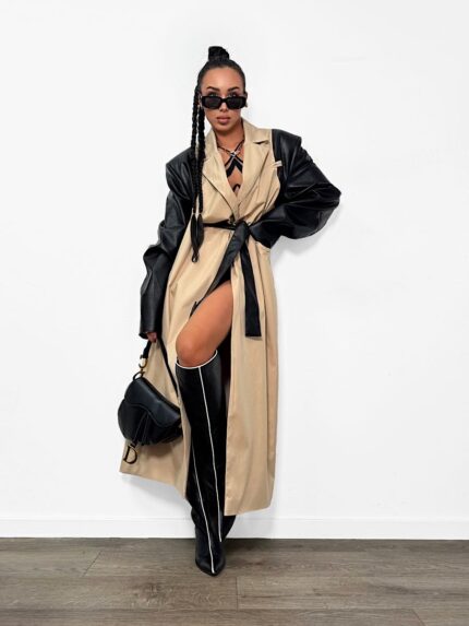 Beżowy długi płaszcz trencz LaMilla z dodatkiem czarnej skóry