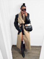 Beżowy długi płaszcz trencz LaMilla z dodatkiem czarnej skóry