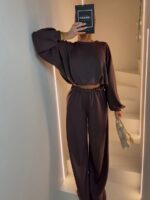 Brązowy masełkowy komplet damski Agatha Fashion bluzka i spodnie