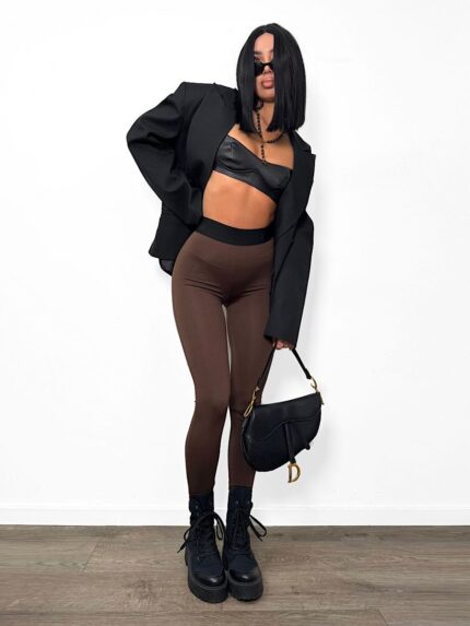 Brązowe legginsy LaMilla z czarną gumką w talii