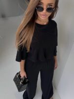 Czarny komplet Agatha Fashion krótka bluzka i szerokie spodnie