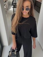 Czarny komplet Agatha Fashion krótka bluzka i szerokie spodnie