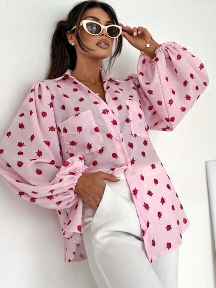 Różowa koszula w czerwone kwiaty Megi B