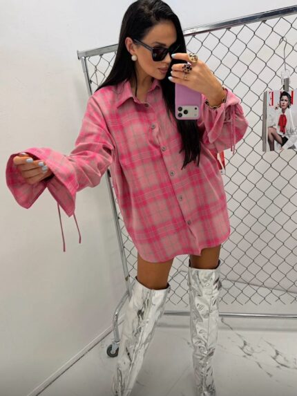 Koszula w różową kratkę LaMilla z dzwoneczkiem przy rękawie