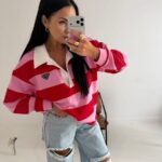 Bluza LaMilla w czerwono różowe paski z białym kołnierzykiem