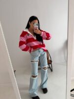 Bluza LaMilla w czerwono różowe paski z białym kołnierzykiem