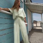 Limonkowy komplet lniany Agatha Fashion Długie spodnie i koszula z krótkim rękawem