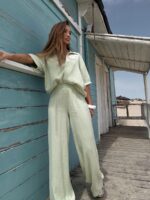 Limonkowy komplet lniany Agatha Fashion Długie spodnie i koszula z krótkim rękawem