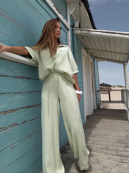 Limonkowy komplet lniany Agatha Fashion Długie spodnie i koszula z krótkim rękawem