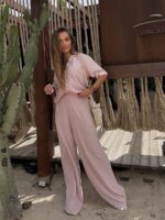 Różowy komplet lniany Agatha Fashion długie spodnie i koszula z krótkim rękawem