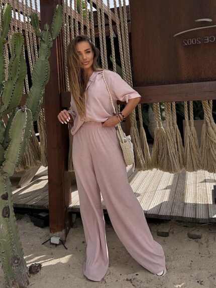 Różowy komplet lniany Agatha Fashion długie spodnie i koszula z krótkim rękawem