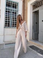 Jasno beżowy komplet lniany Agatha Fashion długie spodnie i koszule z krótkim rękawem