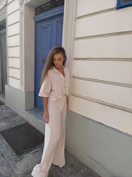 Jasno beżowy komplet lniany Agatha Fashion długie spodnie i koszule z krótkim rękawem